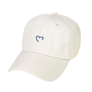 Beige cotton baseball cap with blue heart embroidery and long strap design