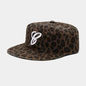 Close-up of leopard print flat top army cap featuring white 3D embroidery letter C