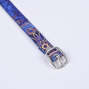 Close-up of starry night PU leather strap with premium silver metal buckle detail