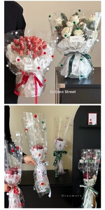 Detailed Christmas gift packaging with snowflake cellophane, red pompoms, and festive ribbons