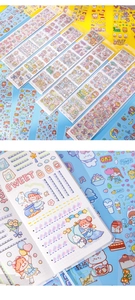Detail showing colorful cartoon stickers applied to a creative DIY planner and scrapbook
