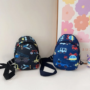 Cute cartoon kids chest bag with vehicle print in black and dark blue nylon