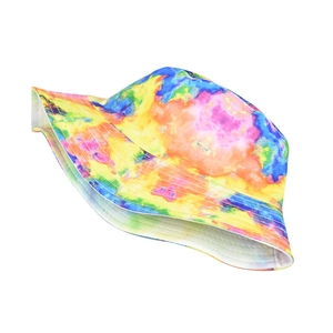 Vibrant tie-dye bucket hat with colorful yellow, pink, and blue artistic patterns