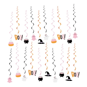 Halloween hanging swirl decorations set featuring Boo signs, cute ghosts and witch hats
