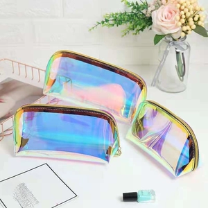 Three-piece set of semi-circular holographic laser toiletry bags in various sizes