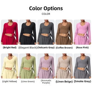 Detailed grid showing 10 color options for cross-wrap long sleeve yoga sets