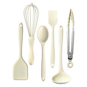 6-piece heat-resistant silicone kitchen utensil set in cream white on white background
