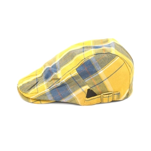 Vintage yellow plaid ivy cap with retro grid pattern and adjustable bronze metal buckle