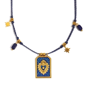 18K gold plated square pendant necklace with blue woven rope and sacred heart emblem