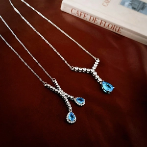 Collier Pendentif Goutte D'eau Zircone Bleue Cuivre Forme Y Chaîne De Clavicule Style Rétro Français Pour Femmes