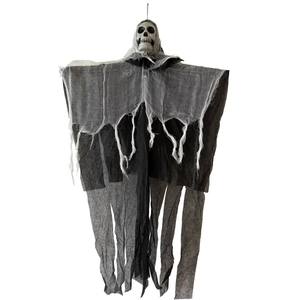 Hanging skeleton ghost with tattered gauze robe for Halloween haunted house decoration