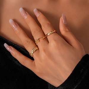 Detailed view of three-piece set with wave pattern and wide gold rings worn by a model