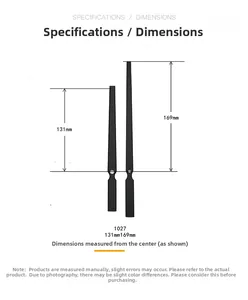 Size chart showing 131mm and 169mm black metal clock hands for model 1027 DIY quartz repair
