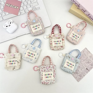 Mini Earphone Case Bag Polyester Fabric Floral Pattern Snap Button Closure Hanging Loop Checkered Handle Coin Purse