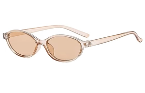 Detail view of champagne oval sunglasses showing translucent resin frame and light lenses