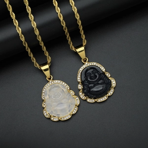 Stainless steel Maitreya Buddha necklaces with crystal halo and polished gold twisted chain