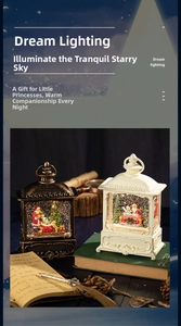 Vintage Christmas lantern with Santa scene, glitter snow effect and warm LED lighting detail