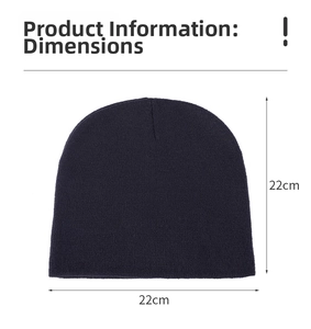 Detail showing dimensions of the navy blue knit beanie with a 22cm width and height