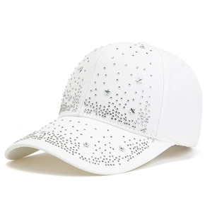 White baseball cap with silver rhinestones and star pattern shown from 45-degree angle