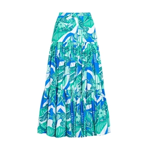 Macro shot of three-tier tropical floral print maxi skirt with high waist design