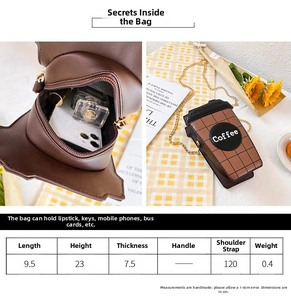 Detail view of coffee cup cross-body bag showing size specs and inner capacity