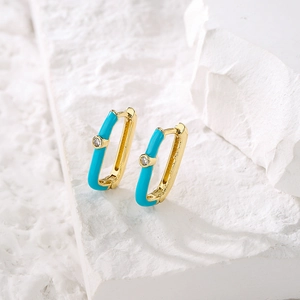 18K gold plated rectangular earrings with turquoise enamel and clear zircon stones