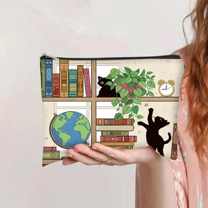Trousse à cosmétiques en toile avec illustrations de chats et livres vintage