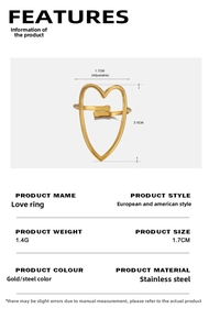 Detailed view of the heart-shaped gold stainless steel ring with size measurements