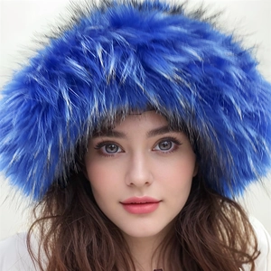 Close-up of vibrant blue faux fur hat showing thick texture and punk style on a model