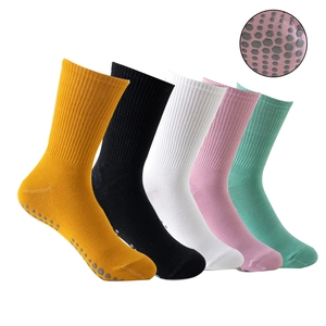 Detail of colorful non-slip yoga socks showing silicone grip pattern on the sole