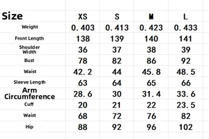 Size chart showing dimensions for long sleeve bodycon dress with abstract print