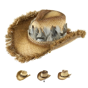 Western raffia cowboy hat with frayed edges, feather trim, and variants in different colors