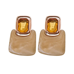 Retro geometric square amber crystal and marbled resin drop earrings with gold finish