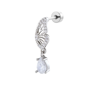 Clou d'oreille papillon argenté élégant avec aile en cristal et pendentif goutte d'eau