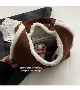 Interior view of brown suede tote bag with white faux fur trim showing spacious storage