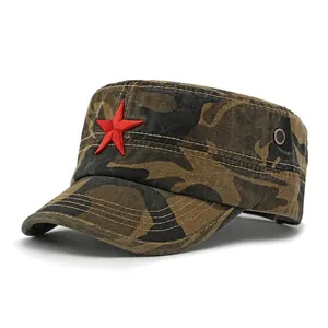 Classic camouflage flat top cotton cap with red star embroidery and metal eyelets