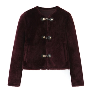 Short burgundy faux fur jacket with stylish leather cord toggle closure for women