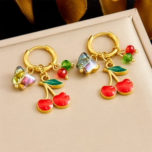 Stainless Steel Gold Plated Cherry Fruit Dangle Hoop Earrings With Enamel Butterfly Colorful Crystal Beads Jewelry