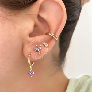 Elegant gold plated S925 silver hoop earrings with purple zircon butterfly charms for women
