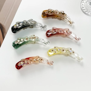 Elegant Flower Banana Hair Clip Rhinestone Acrylic Vertical Grip Horsetail Holder Translucent Gradient Hairpin For Women