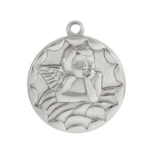 Detailed close-up of a silver stainless steel cherub angel embossed round pendant