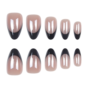 30pcs glossy black French almond press-on nails with nude pink base and high shine finish
