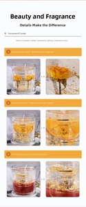 Macro detail of transparent jelly candles with dried rose petals, orange slices and gold foil