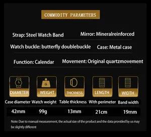 Detailed size chart for men's luminous steel watch with dimensions and movement specifications