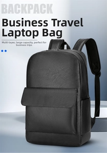 Detail view of premium black leather backpack showing lychee texture and front flap pocket