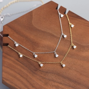 Elegant S925 sterling silver clavicle necklace with multiple dangling diamond pendants