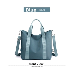 Front view of a minimalist blue nylon crossbody bag with adjustable shoulder straps