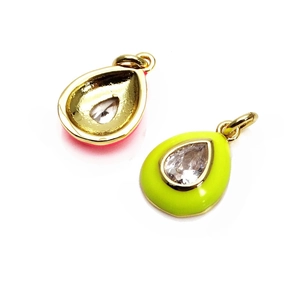 Detail view of colorful teardrop zircon pendants with enamel borders and gold finish