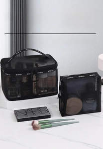 Detail of black mesh makeup bags showing dual zippers and portable top handle design