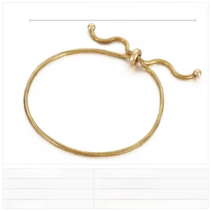 Macro detail of adjustable gold snake chain bracelet showing slider buckle and size specs